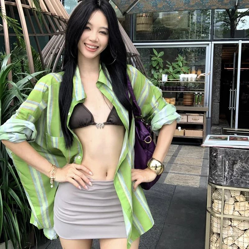 

Dopne een Striped irt Sle Bikini Women's Separate Skirt Tee-piece Set Holiday Hot Spring Swimming Suit Ensemble