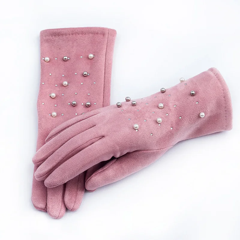 Women Winter Suede Leather Thick Plush Warm Driving Mitten Pearl Hot Drill Embroidered Flowers Touch Screen Cycling Glove O100