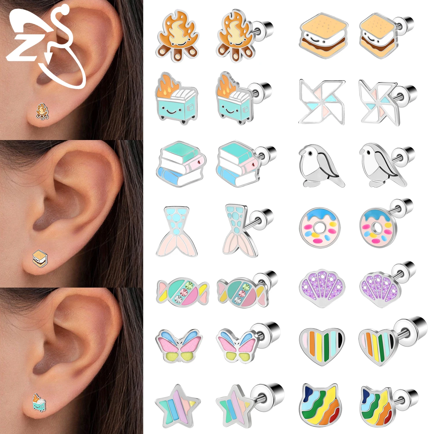 

ZS 1 Piece 20G Stainless Steel Ear Studs Cute Cat Star Butterfly Shape Stud Earring For Women Girls Ear Helix Piercings Jewelry