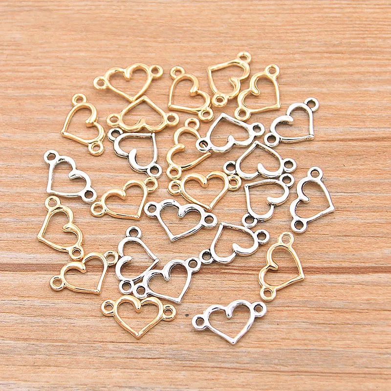 80PCS 8X14mm 2 Color New Hollow Hearts Connector Small Charms Pendant Jewelry Metal Alloy DIY Necklace Bracelet Earrings Marking