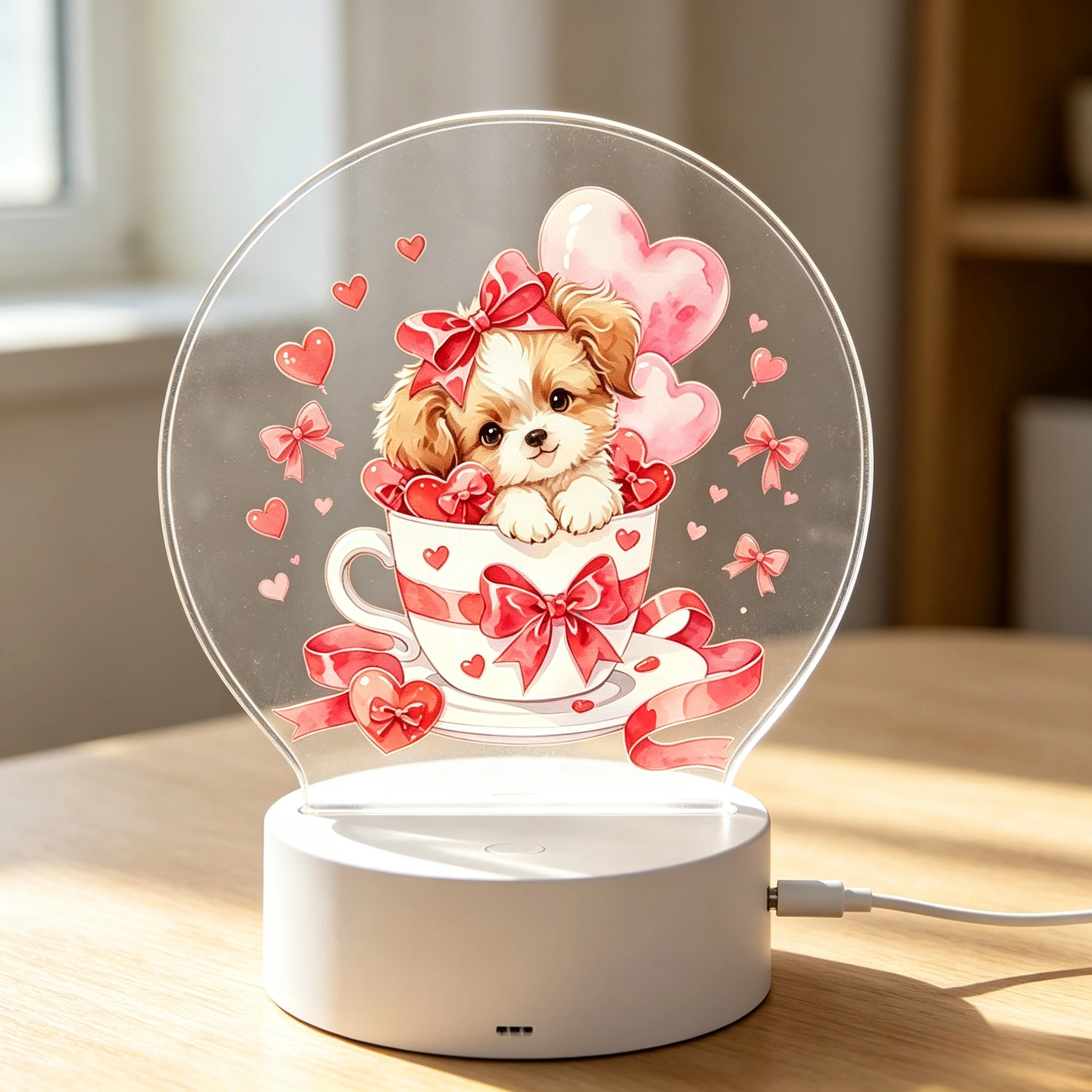Acrylic Night Light, Puppy in Valentines Coffee Cup ABY4368 This Exquisite Acrylic Night Light Features an Adorable Puppy Nestled in a Charming Valentines Coffee Cup Creating a Warm and Inviting Atmosphere Perfect for Any Space Its Soft