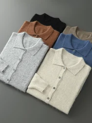 Quality 100% Mink Cashmere Autumn Winter Woman Plus Size Polo-Neck Cardigan Sweater Knitting Casual Knitwear Solid Color Tops
