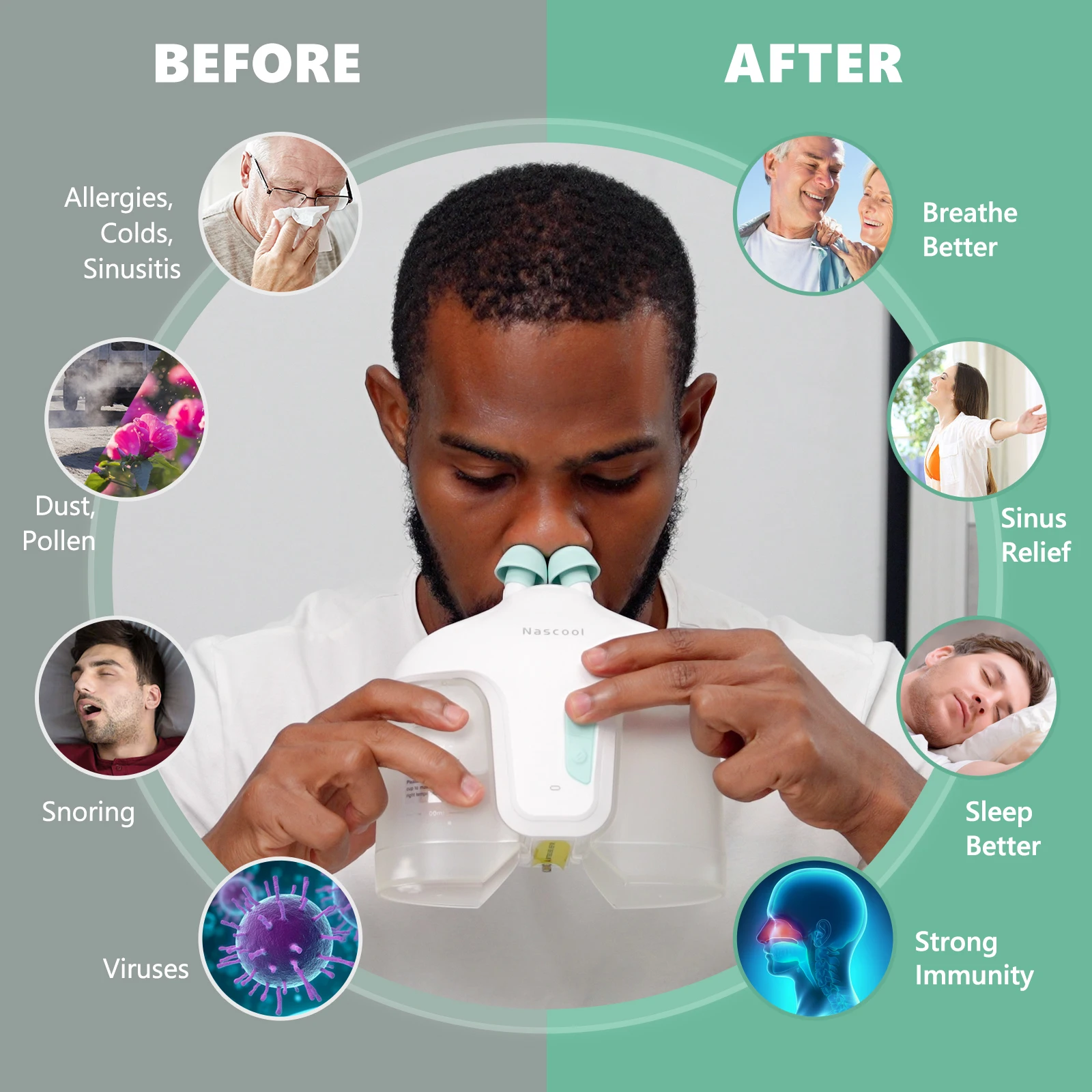 Nascool sistema de irrigação nasal elétrica com 50 saltpods sucção irrigador nariz lavadora dispositivo de enxágue sinusal máquina mais limpa