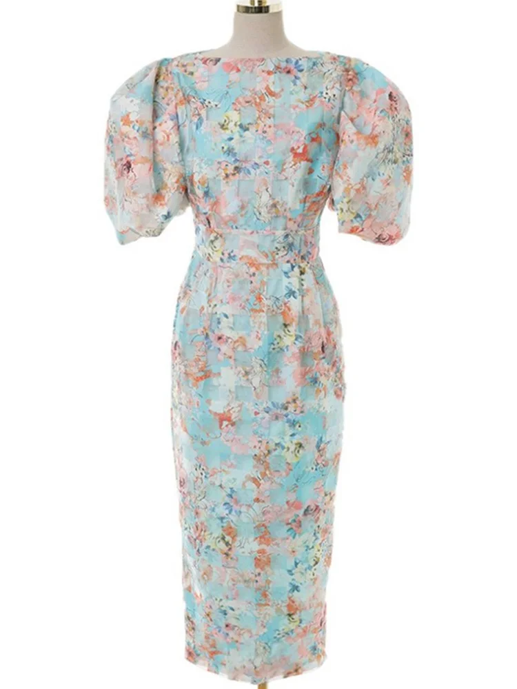 Elegant Party Dress Summer Fashion Organza Watercolor Printing Simple O-Neck Puff Sleeve High Waistline Temperament Dress Women