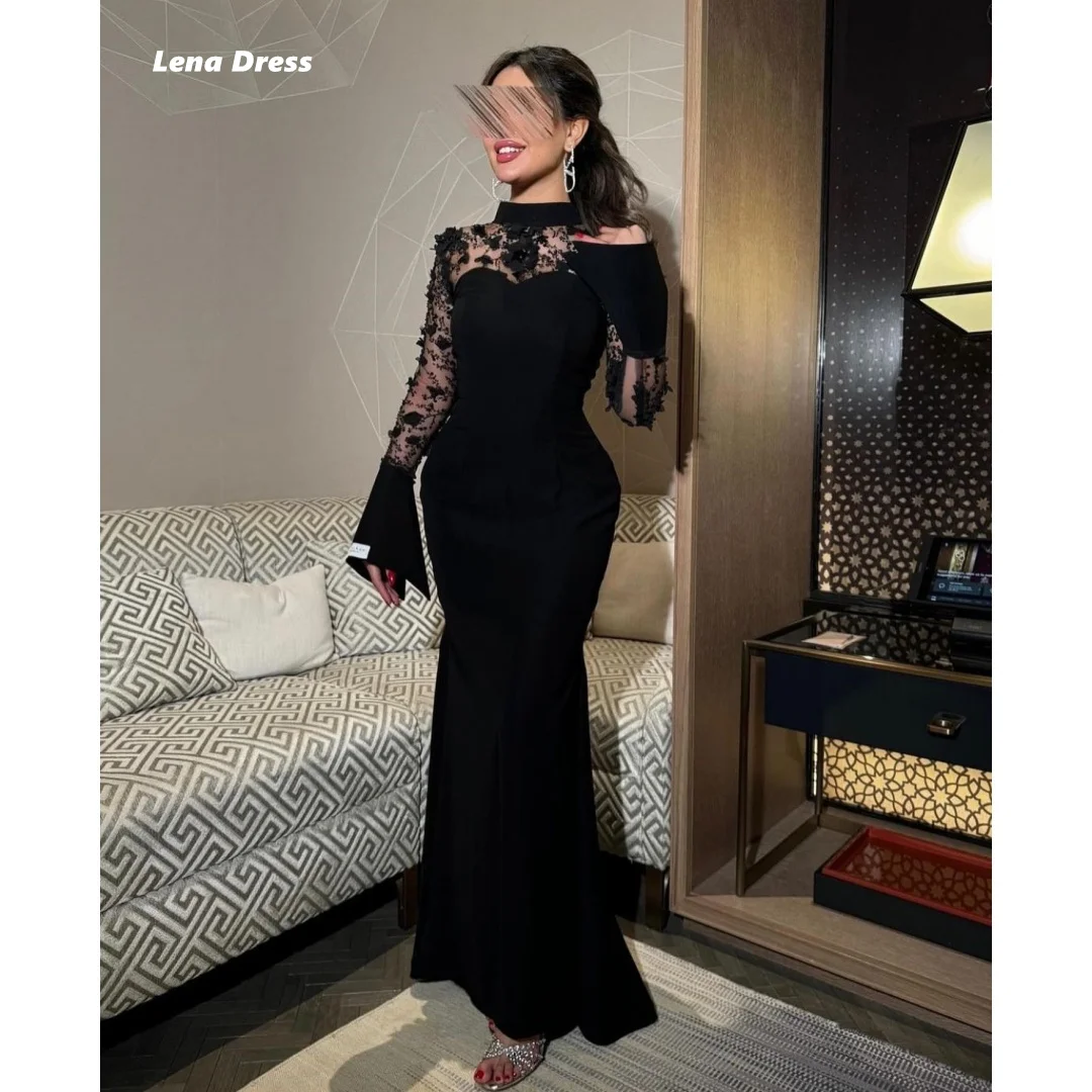 

Lena Flowers Elegant Gowns Women's Prom Dress Luxury Women Evening Dress Black Robe Soiree Round Neck Customized Long Sleeves