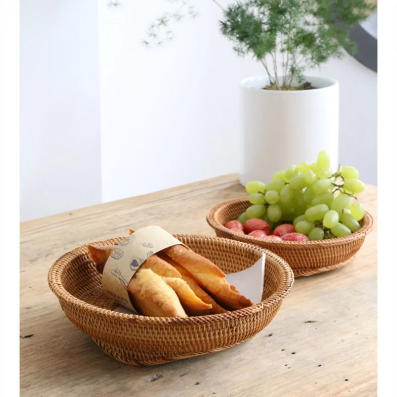 Woven Tray Storage Box Storage Room Organizers Mantou Living Kitchen Items Household Handmade Grass Gadgets Fruit Dish Custom