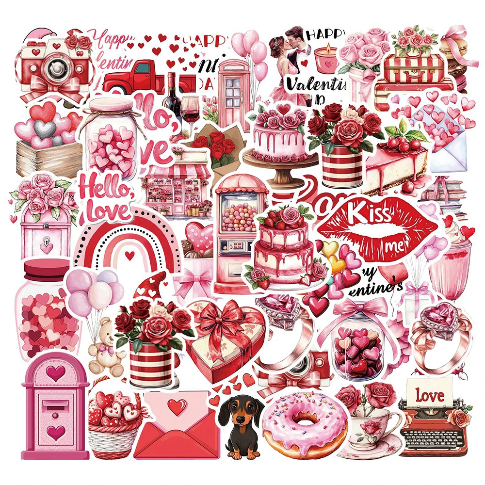 

10/30/50pcs Red Romantic Valentines Day Stickers Cute Cartoon Aesthetic Decals Scrapbook Suitcase Phone Graffiti Sticker Packing