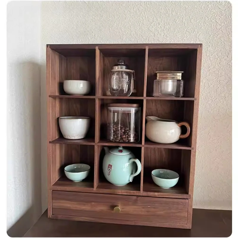 Massivholz Teetassen-Aufbewahrungsregal mit Neun Fächern aus Schwarznussholz Mehrteiliges Tee-Set Desktop-Vitrine Haushaltsbedarf