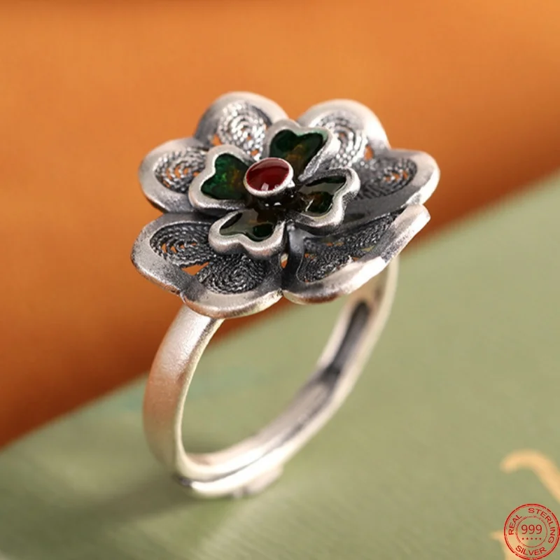 

Женское кольцо из серебра S999 пробы, с эмалью и цветами