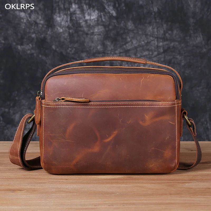 Men's Leather Shoulder Bun Layer Cowhide Crossbody Bag Crazy Horse Leather Retro Handbag Fanny Pack Messenger Bag Motorcycle Bag