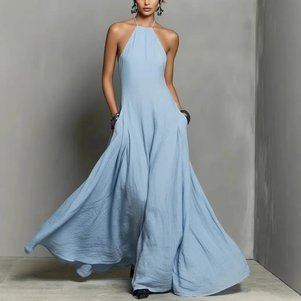 New Summer Women Halter Lace-Up Party Dress, Holiday Sleeveless Patchwork Maxi Dress, 2026 Elegant Solid Backless Ladies Dresses - Image 2