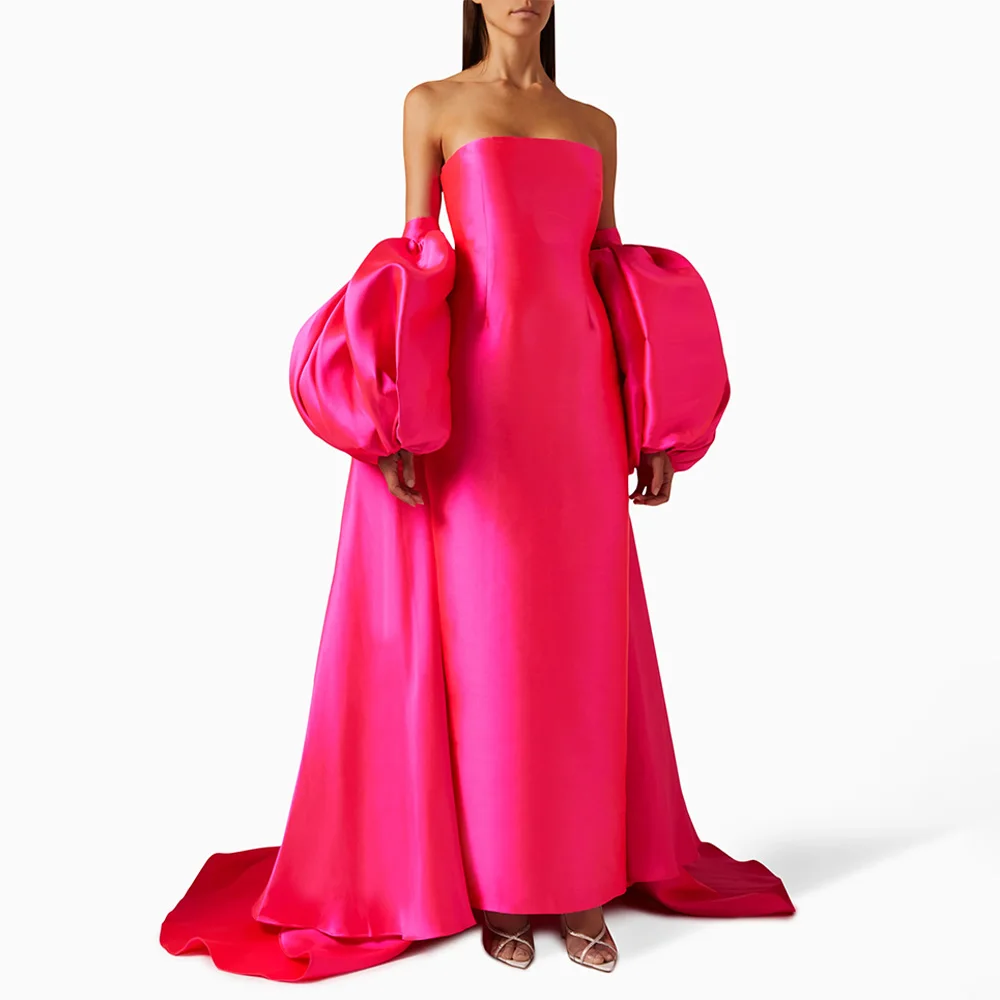 

Rose Red Satin Evening Dresses for Women Off the Shoulder Puff Sleeves Evening Gowns Long Sheath/Column Cape Wedding Party Dress