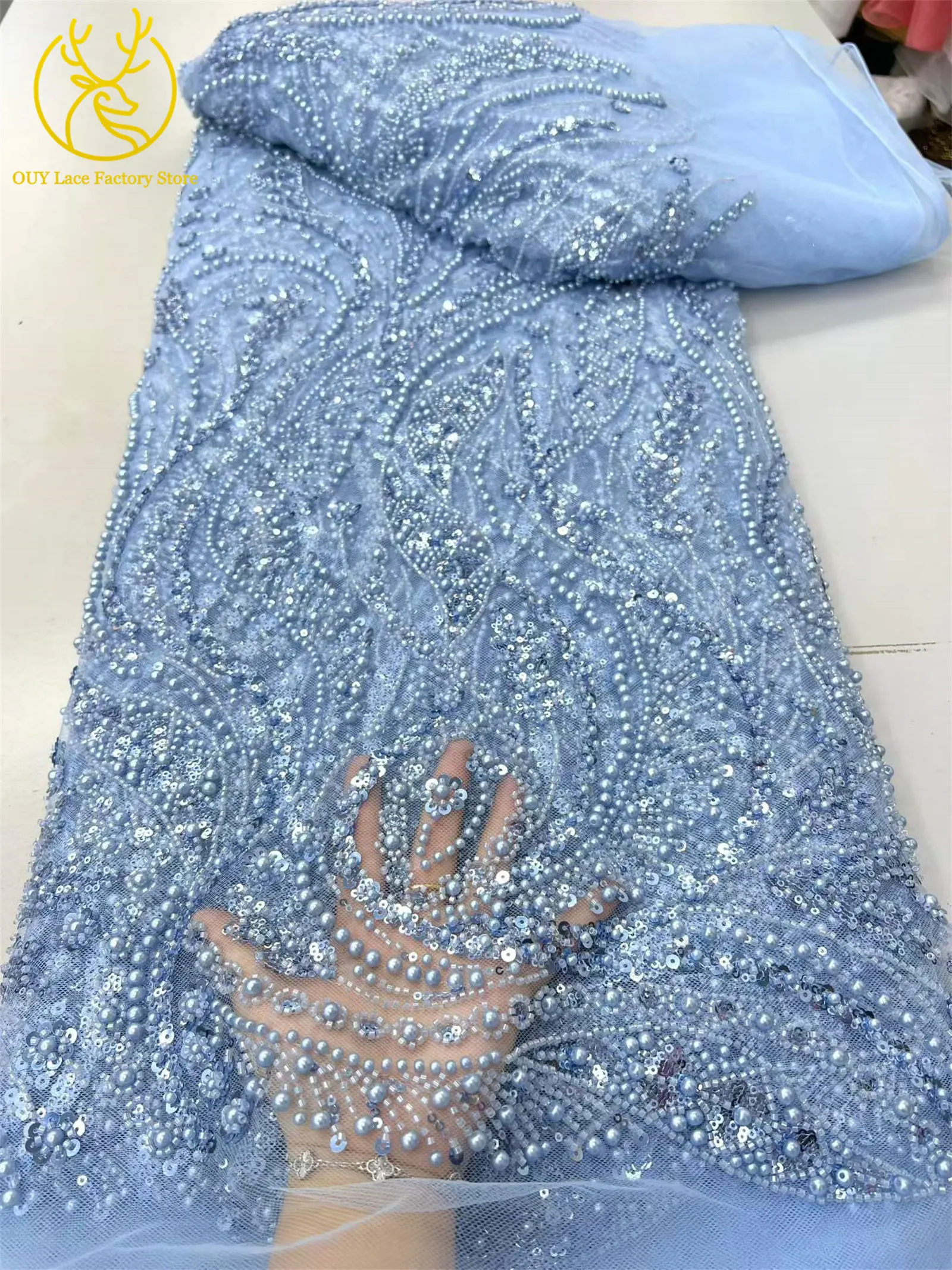 5 Yards nigerianischer roter Brautspitzenstoff mit Perlen, hochwertige afrikanische Spitze mit schweren Perlen und Pailletten für Brautkleider und Hochzeitsfeiern – Detail 11