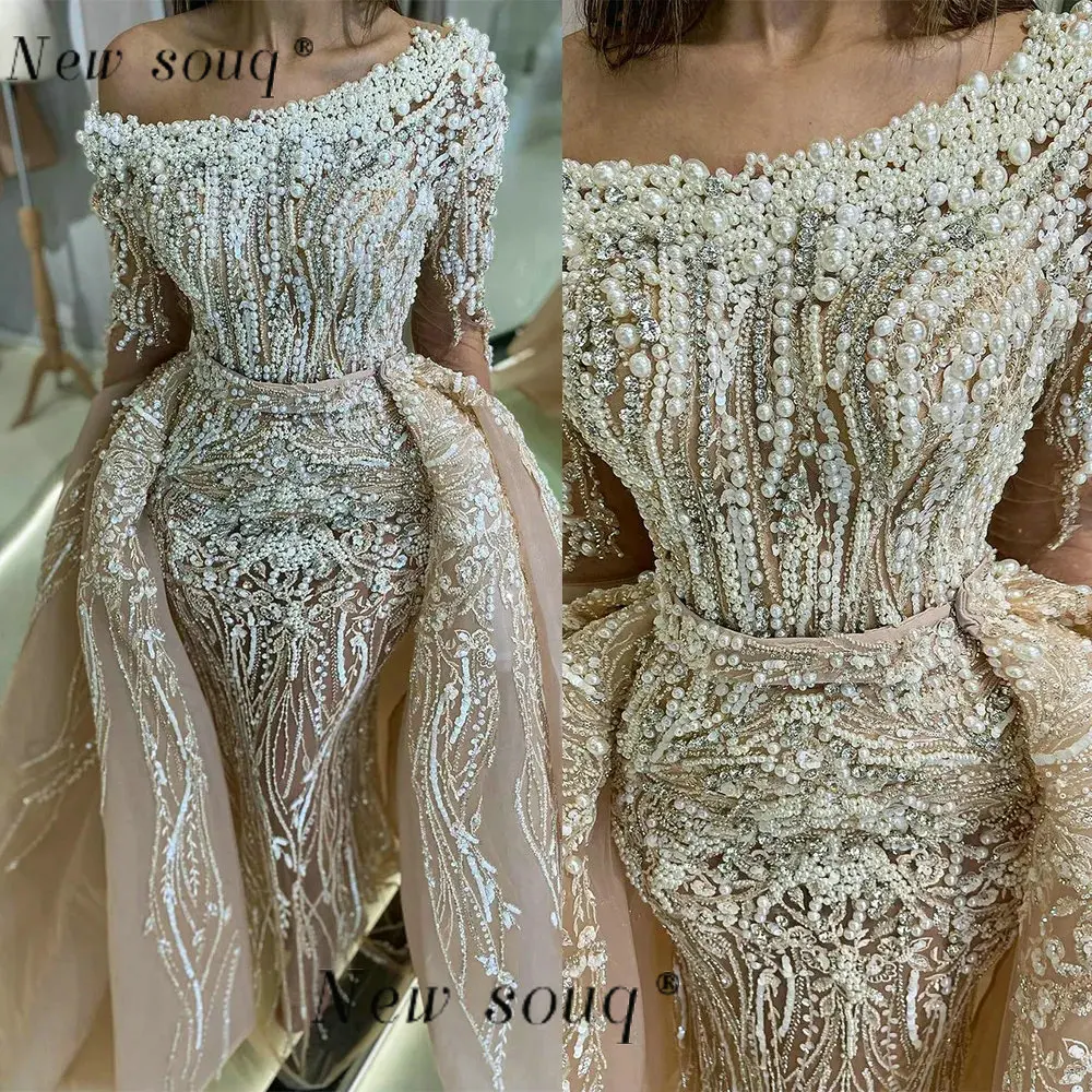 

Luxurious Arabic Pearls Beaded Mermaid Long Sleeves Evening Dresses with Detachable Train Dubai Muslim Overskirts Event Gowns