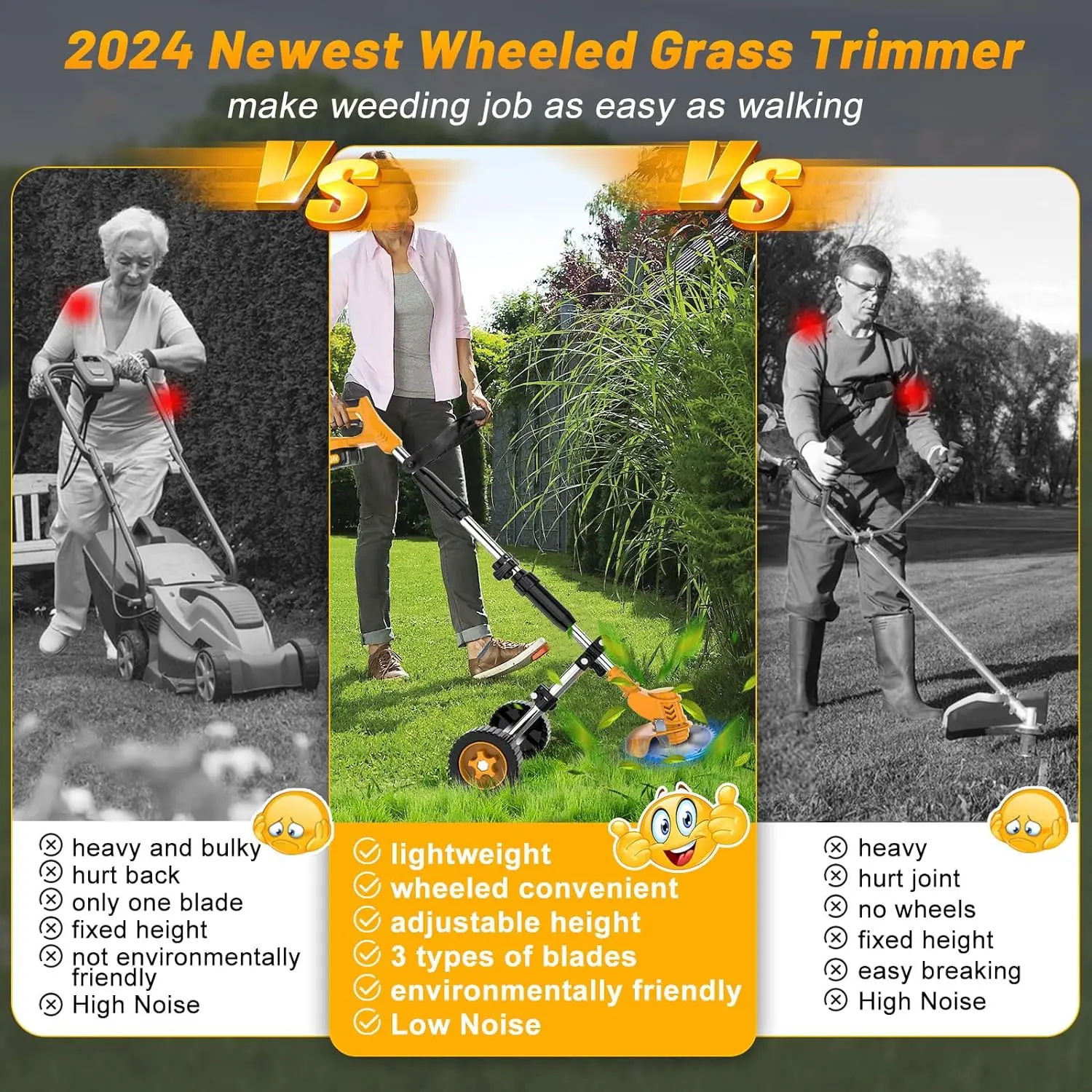 Electric Weed Wacker, Cordless Weed Eater Battery Powered 21V 2000mAh, 4-in-1 Grass Trimmer/Brush Cutter/Mini-Lawn Mower/Wheel E