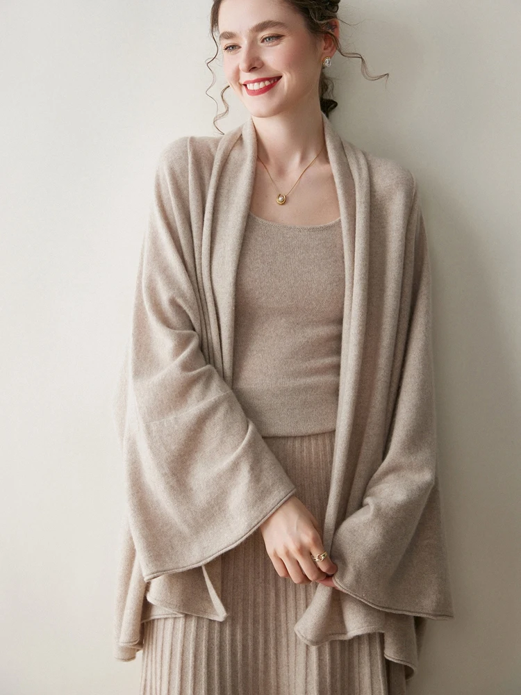 

2025New Chic 100% Cashmere Knitted Shawl Women's Cashmere Sweater Overcoat Style Cardigan Autumn Winter Luxury Casual Loose Tops