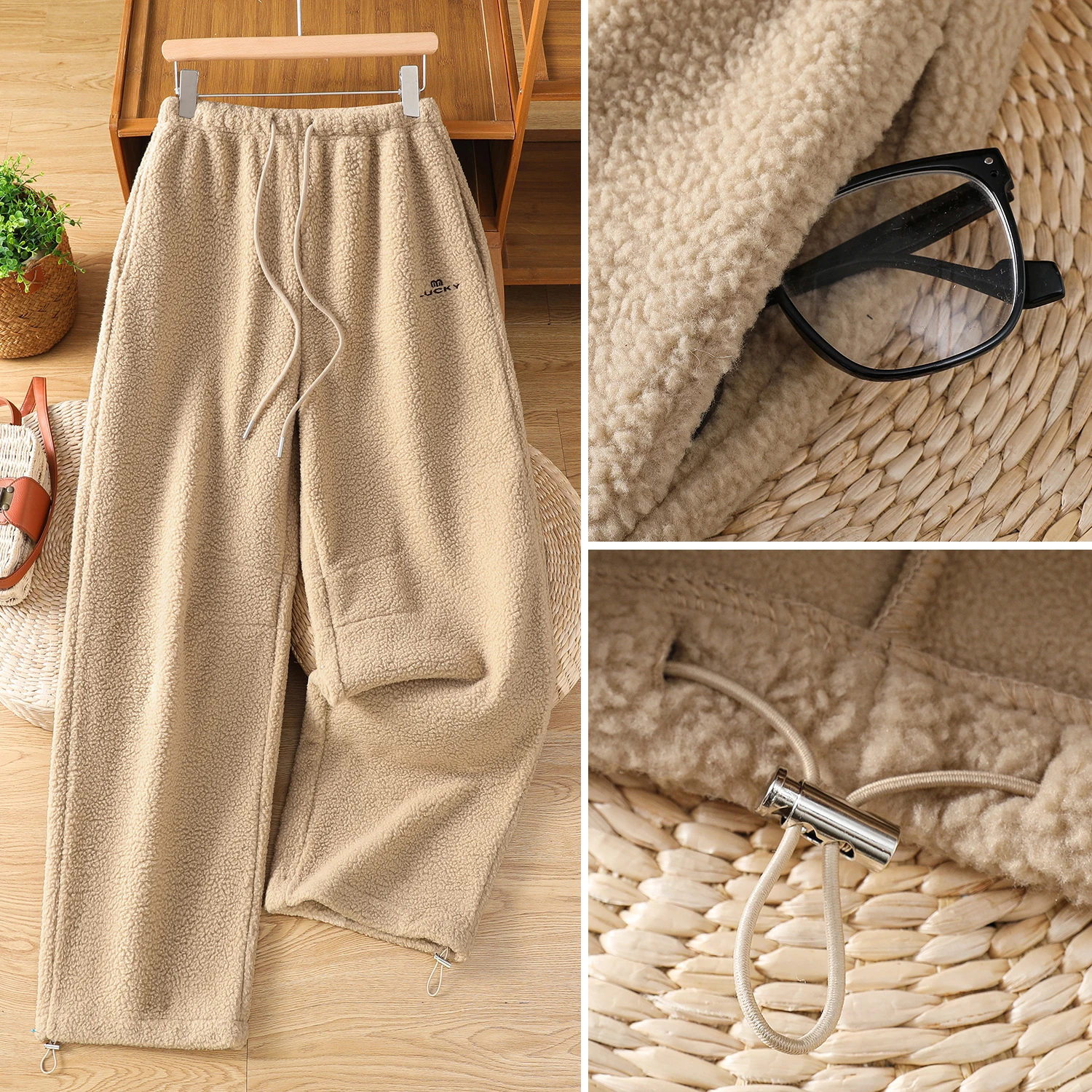 Autunno Inverno Dstring Pantaloni a gamba larga Taglio dritto Pantaloni casual larghi leggeri con ricamo in velluto di agnello sintetico Colo...