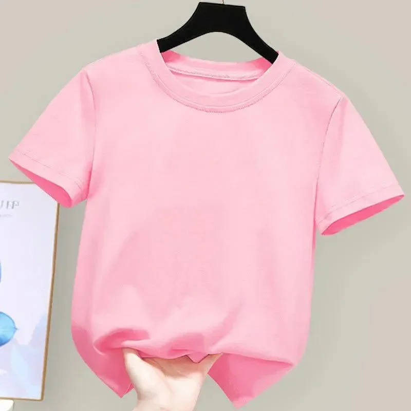 180gsm Fabric 100% Cotton Children Boy Girl T shirt 2024 New Summer Women Short Sleeve T-Shirt Cute Style White Solid Color Tops