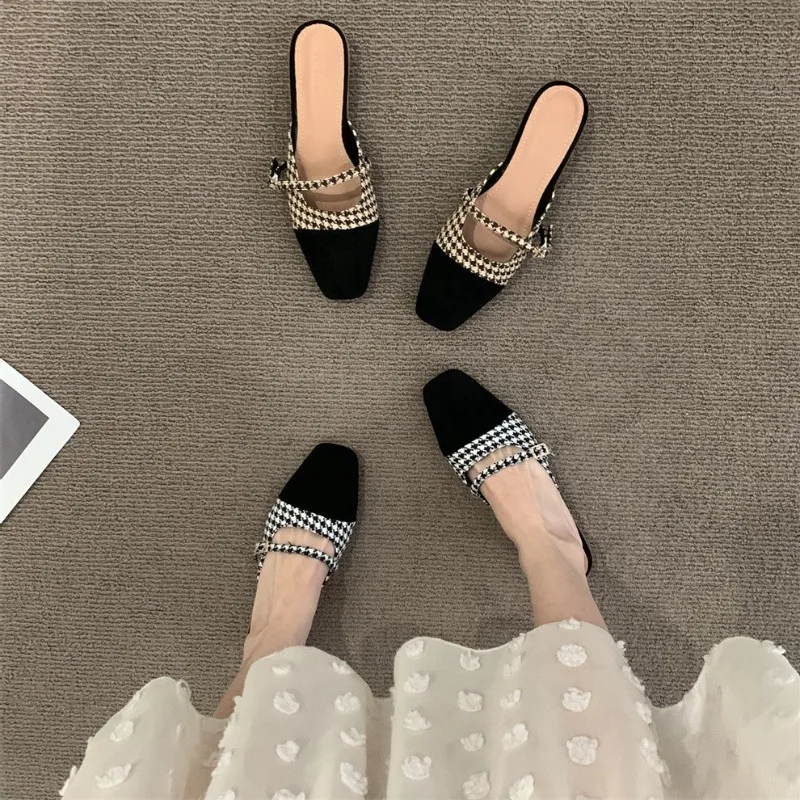 

New Women Mules Slippers Female Summer Flats Sandals Knit Fabric Stretch Slides Holiday Beach Shoes Square Heels Square Toe Flat