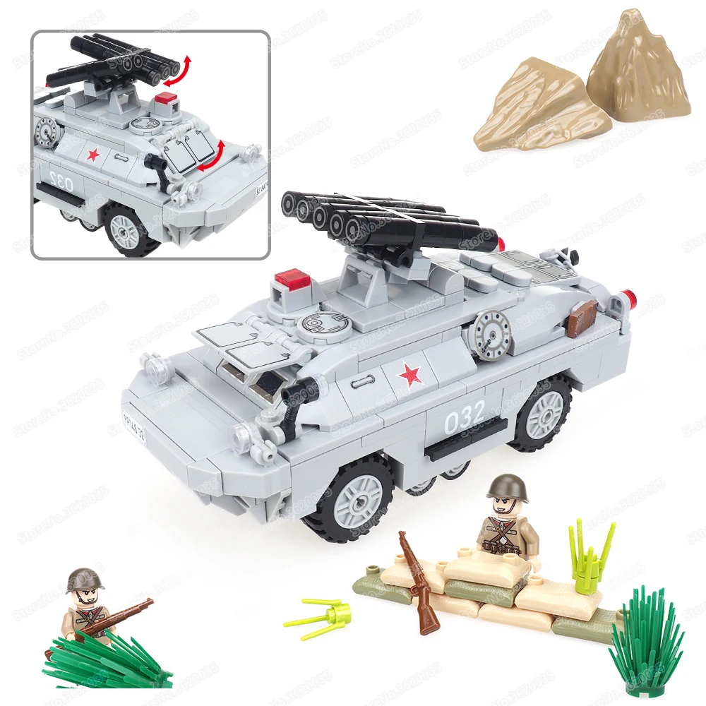 Military 9P184 Anti-Tank Building Block WW2 Figures Fully Armored Protection Four Wheels Amphibious Scout Car Model Gift Boy Toy