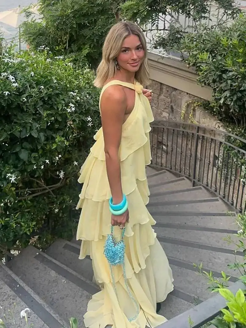 Sukienki damskie z falbanami 3D w kształcie kwiatów, eleganckie, szyfonowe, bez pleców, bez rękawów, puszyste, długie sukienki letnie, nowe sukienki plażowe dla kobiet.