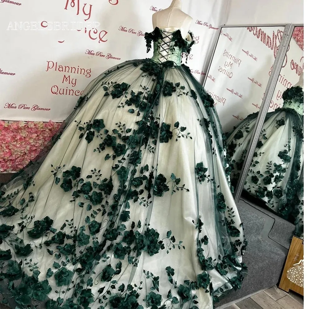 ANGELSBRIDEP 3D ดอกไม้สีเขียวเข้มชุดไปงานเต้นรำ Quinceanera ชุด Applique 15ปีสาวชุด Vestidos De 15ปี