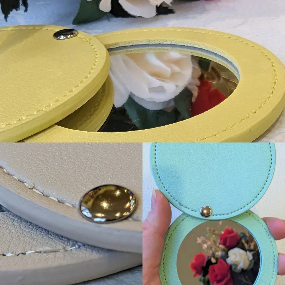 مرايا مدمجة غير قابلة للكسر من الفولاذ المقاوم للصدأ مع مرآة مكياج صغيرة محمولة من جلد البولي يوريثان للسفر على الجيب