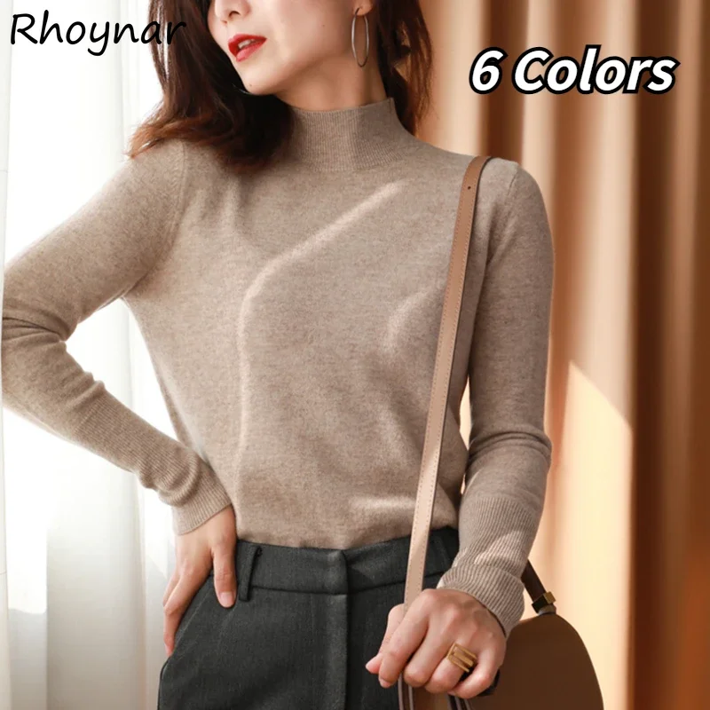 

Pullovers Women Solid Basic Straight Cozy Spring Autumn Simple All-match Office Lady Leisure Mock Neck 6 Colors Tender Classy