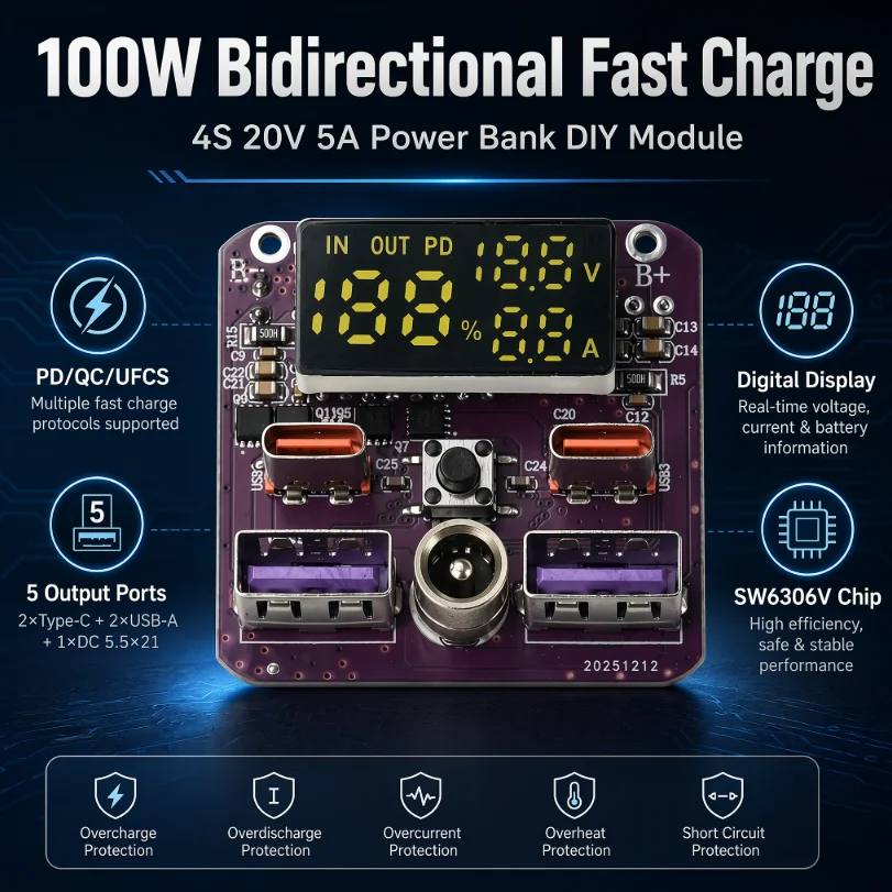 4S PD 100W Bidirectional Fast Charging Module 20V 5A High Power Output DC Port Charge Discharge All-in-One for Power Bank DIY