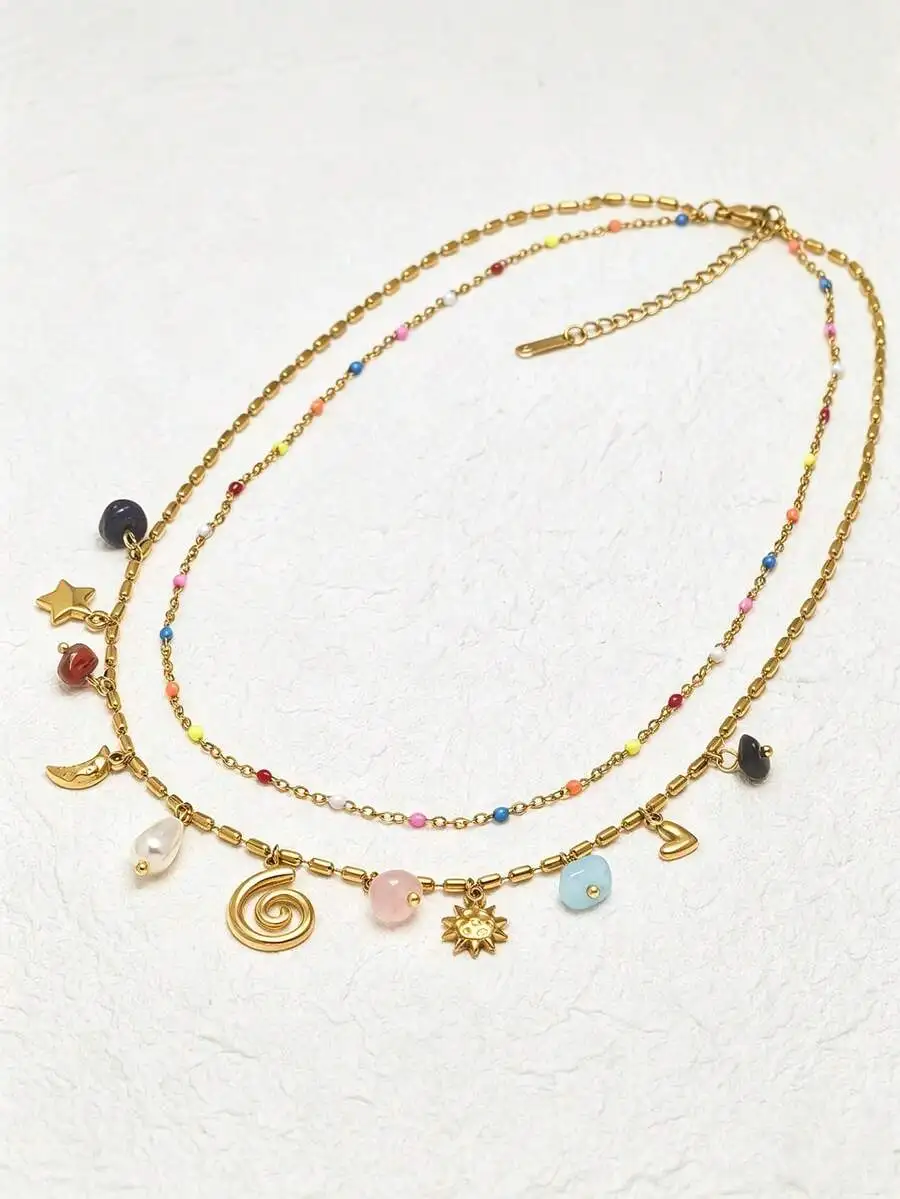 

Multi-Layer Colorful Charm Necklace With Sun Star Heart Spiral Pendant Bohemian Style