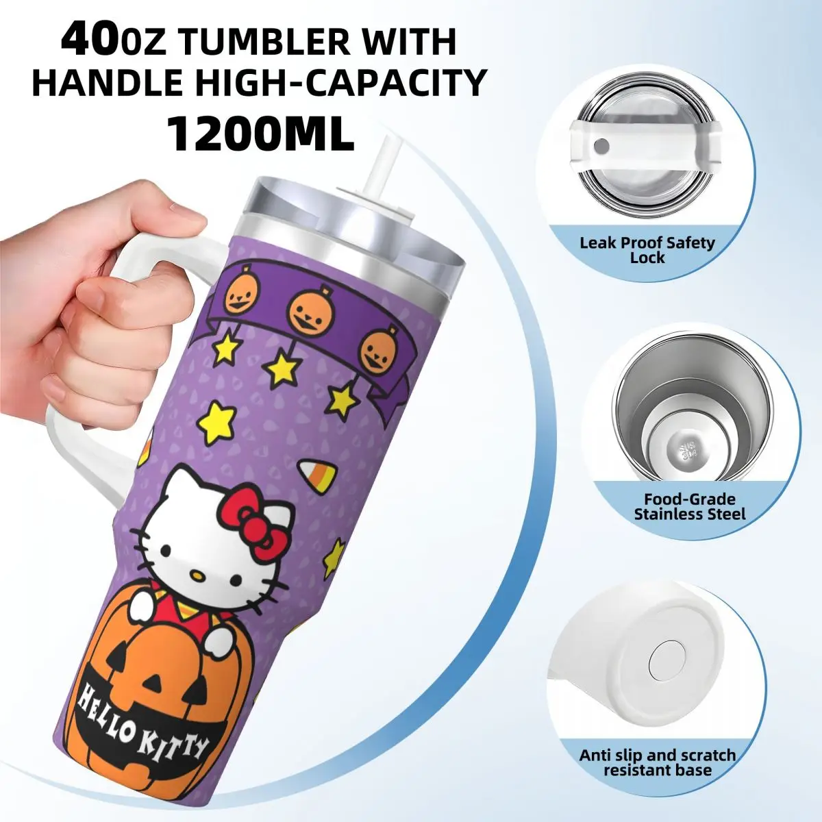 Hello Kitty Halloween Roestvrijstalen Tumbler Reiskoffie Mok Met Rietjes En Deksel Grote Auto Mokken Koud En Warm Water Fles