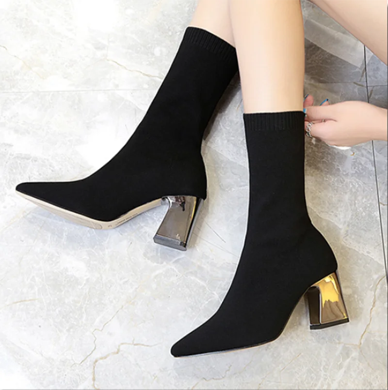 Autumn winter elastic fabric ankle boots women\'s shoes pointed thick heel stretch boots knitted stockings sizes 34-43