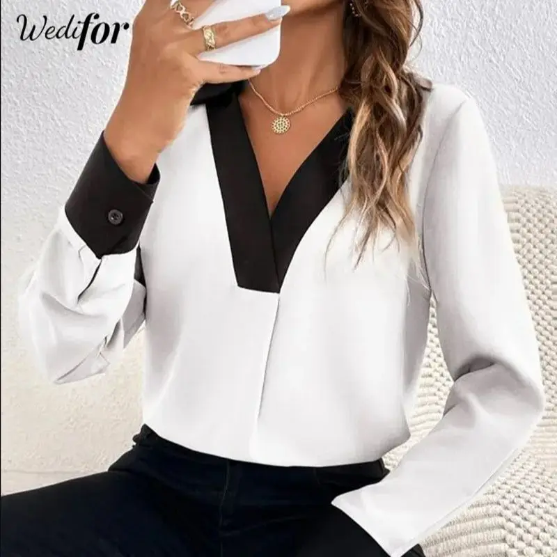 

Wedifor Fashion Patchwork V Neck Women's Blouse Elegant Autumn Winter Long Sleeve Casual Shirts Office Work Ladies Clothes