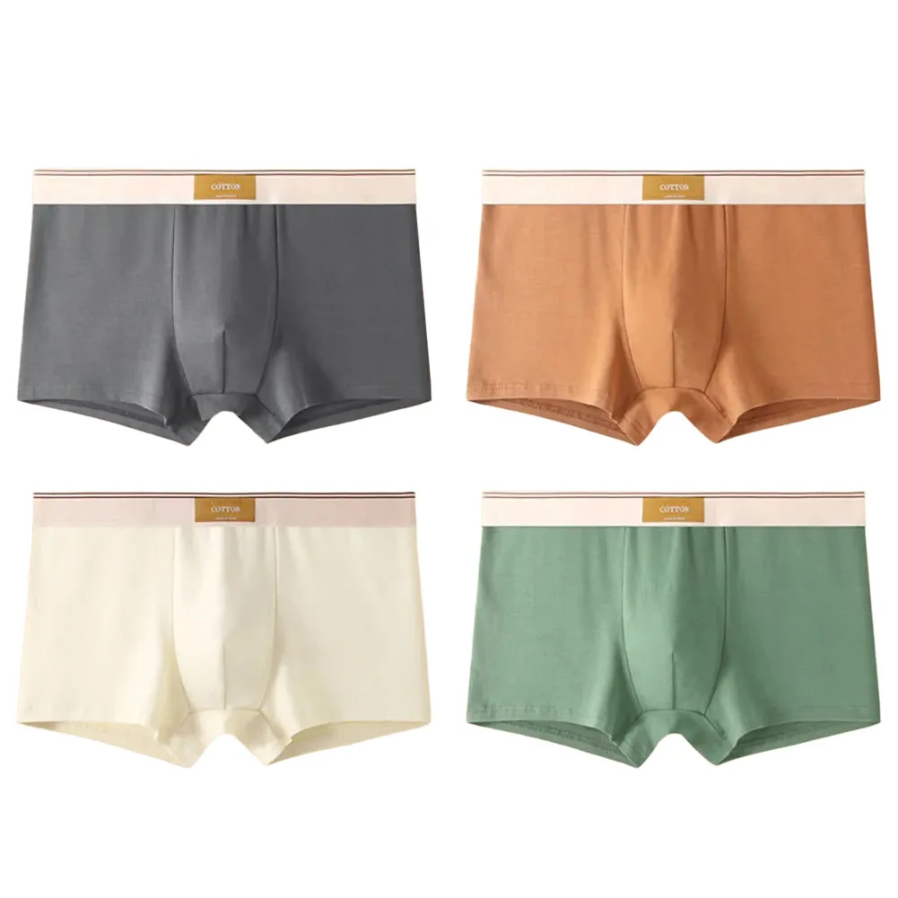 4Pcs Men Cotton Underpants Soft Solid Underwear Stretch Seamless Soft Boxers Lounge Panties Breathable Lingerie Sleepwear Trunks