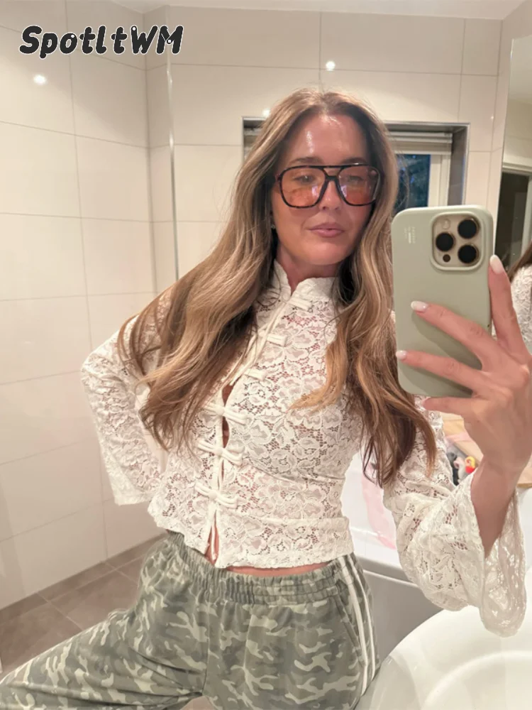 Elegant Lace Short Shirt Women Chic Single-breasted Lapel Long Sleeve Blouse Casual 2026 Spring Lady Daily Commute Street Shirts