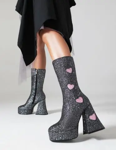 

Winter Warming Girls Black Sliver Glitter Sequined Heard Mixed Color Round Toe Platform Chunky Heels Slim Mid-calf Boots Shoes