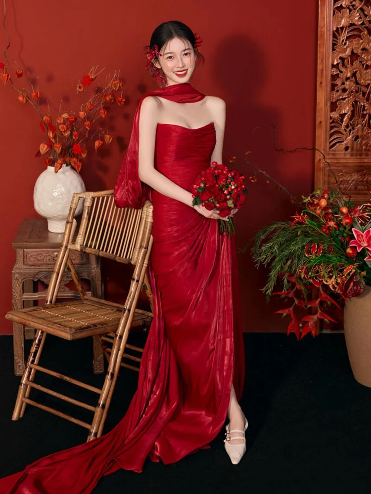 

Красное китайское свадебное платье для женщин, длинное вечернее платье для помолвки и свадебной церемонии