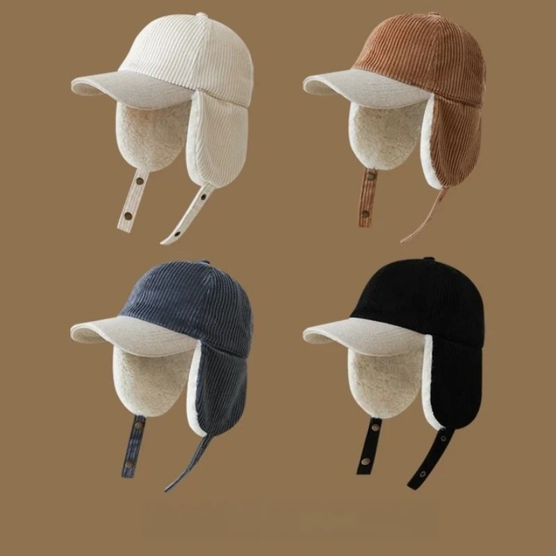 

Winter Warm Corduroy Fur Ear Flap Thickened Baseball Cap Sporty Street Style Hunting Plain Wool Trapper Hat For Men Women