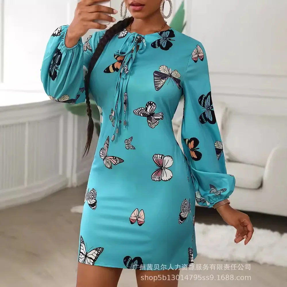 Women Dress Print Bow Full Sleeve V Neck Lace Up Dresses A Line Midi Waist Casual Elegant Vestidos Office Lady Regular