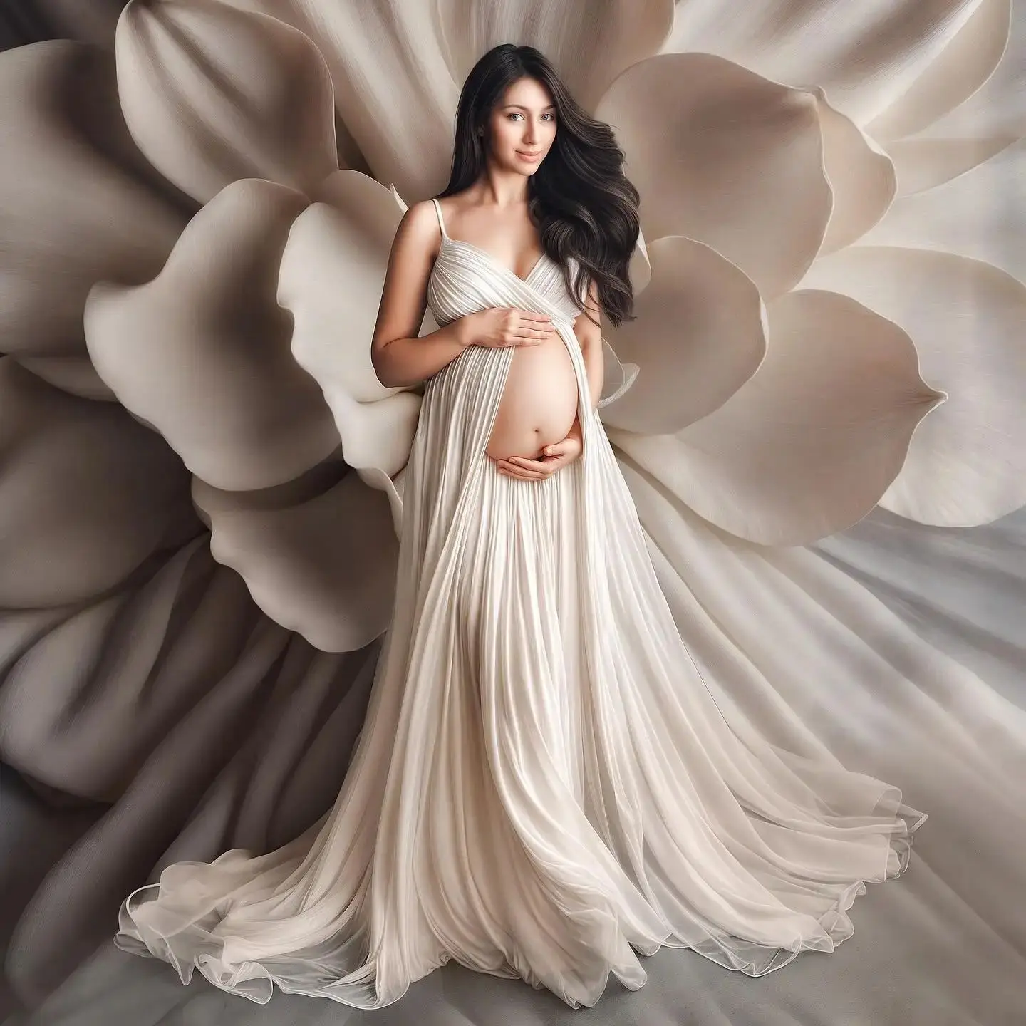 Ivory White Flowing Chiffon Maternity Photography Dress Set Plus Size Soft Pregnancy Baby Shower Gown Robe for Photoshoot