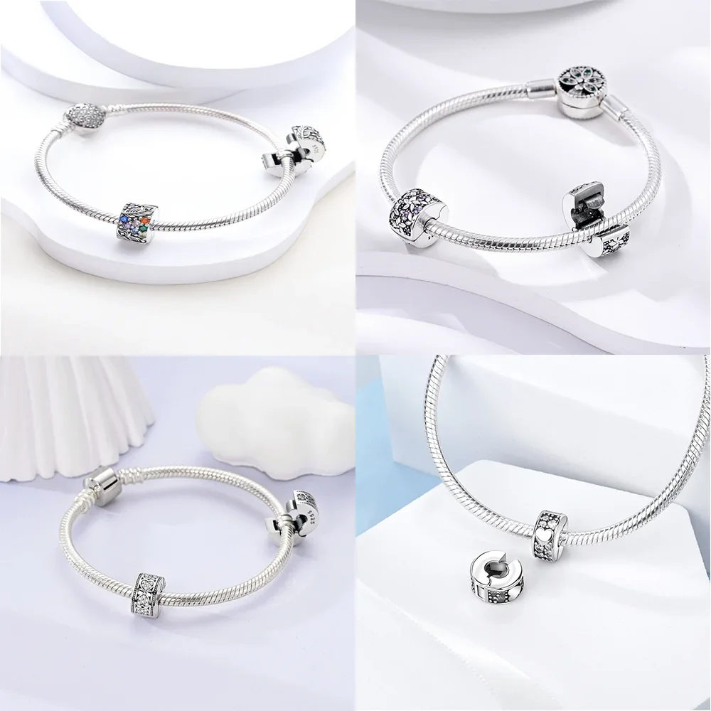 925 Silver Inlaid Zirconium Flowers Four Leaf Clover Feathers Love Box Clip Charms Spacer Beads Fit Bracelet DIY Jewelry Marking
