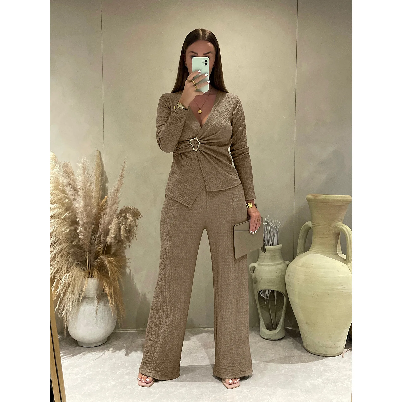 Elegant Office Lady Casual Chic Solid Damespak Metalen knop Slanke blouse Tops Wijde pijpen Broek Tweedelige mode 2025, herfstsets