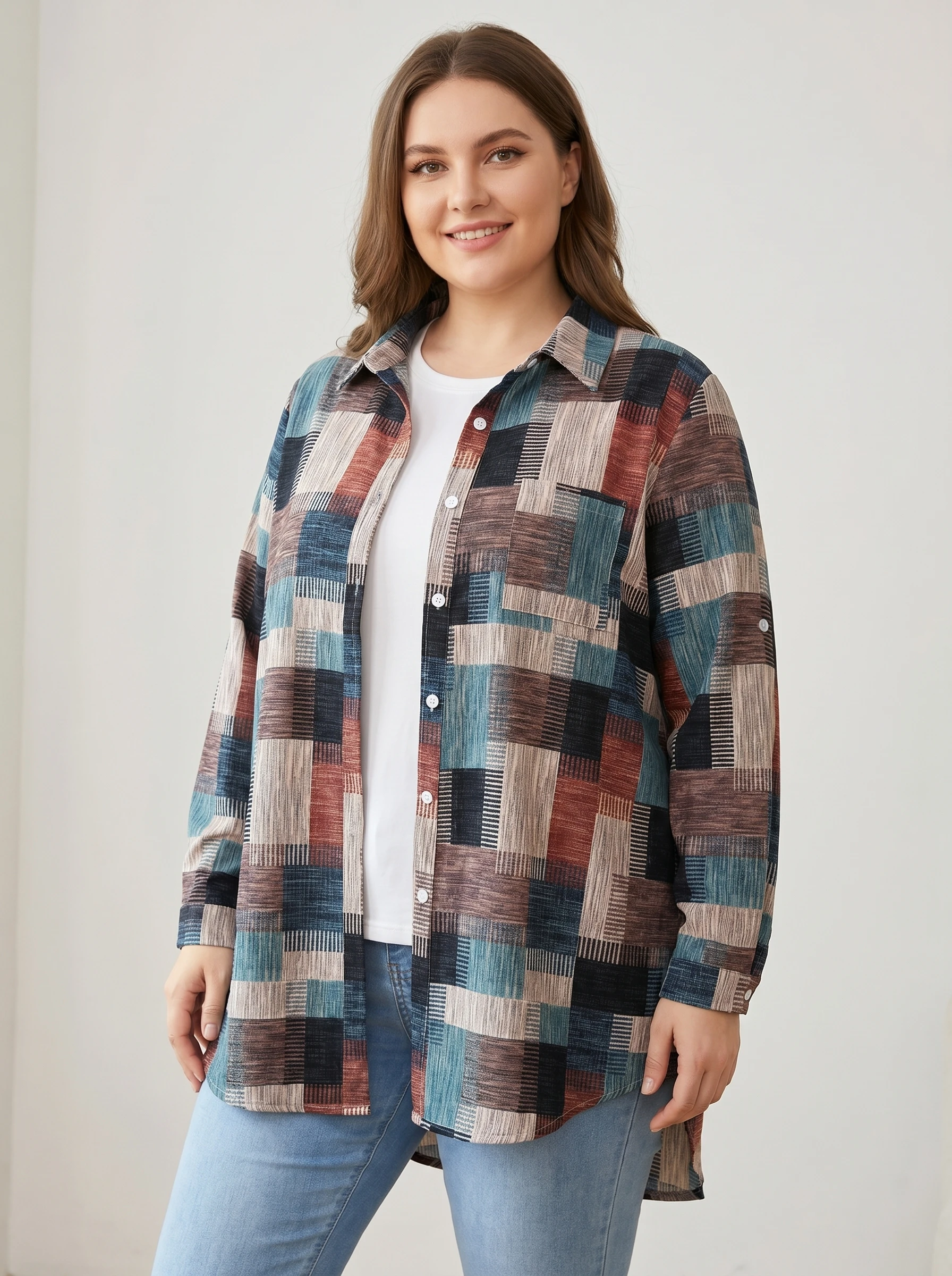 Gadinus Plus Size Women's Plaid Shirt Long Sleeve Button Down Collared Blouse Loose Fit Tunic Top with Chest Pocket