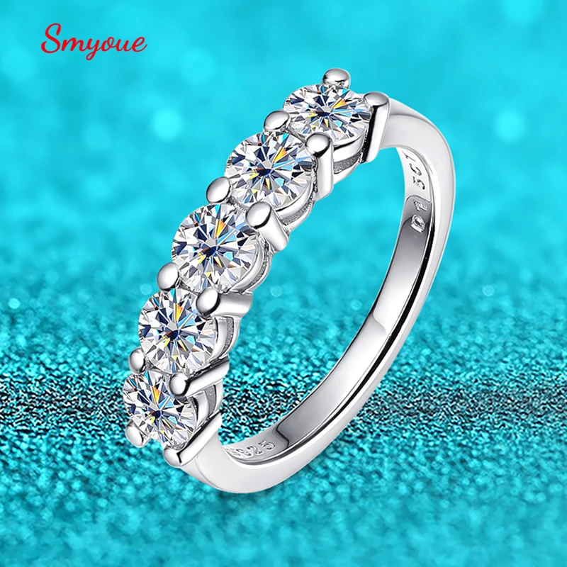 Smyoue 화이트 골드 D 컬러 모이사나이트 반지, 4mm, 1.5CT 스톤 매치 다이아몬드 웨딩 밴드, 신부 S925 스털링 실버, GRA 