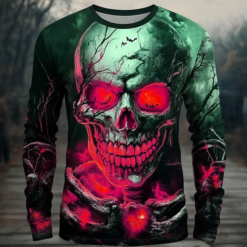 3D Terror Skull Print Men's Long Sleeve T-shirt Halloween Dress Up Street Hip Hop y2k Clothes Fashion Fall Long Sleeve Tops Tees