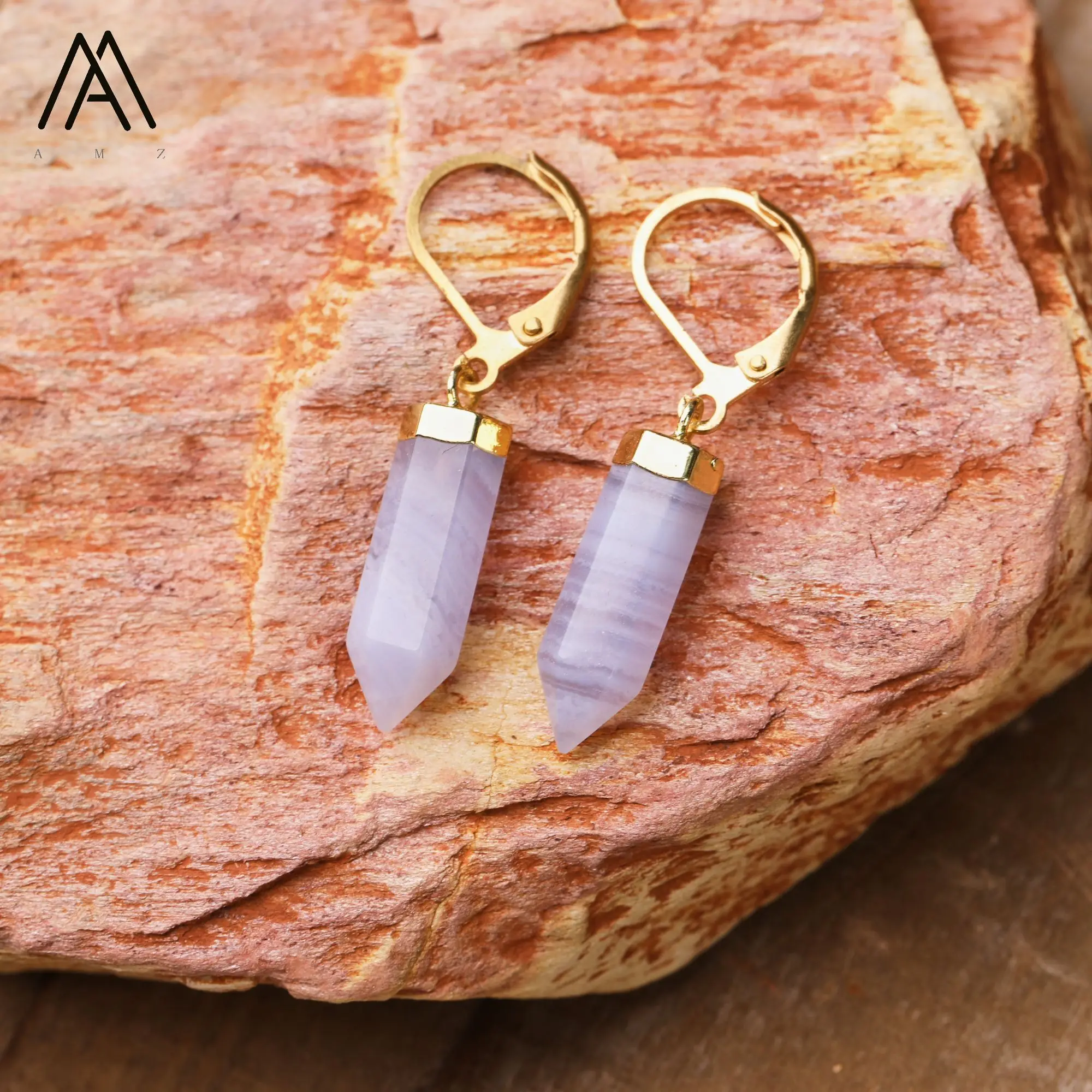 Natural Gems Stone Hexagonal Crystal Point Pendant Hook Earrings Amethyst Labradorite Birthday Gifts Women