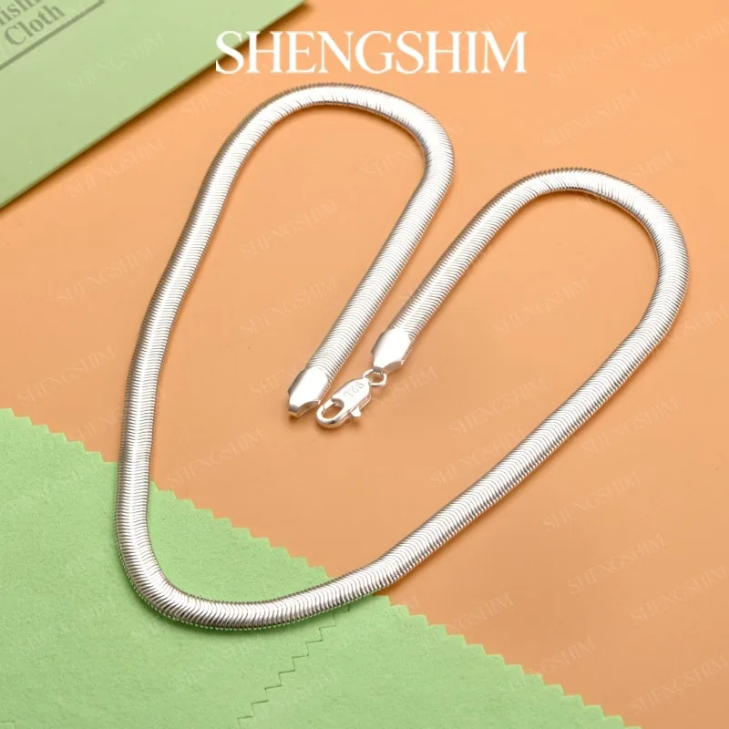 SHENGSHIM 925 Sterling Silver Flat Snake Chain Lobster Clasp Necklace For Men Women Fashion Jewelry Birthday Party Gift