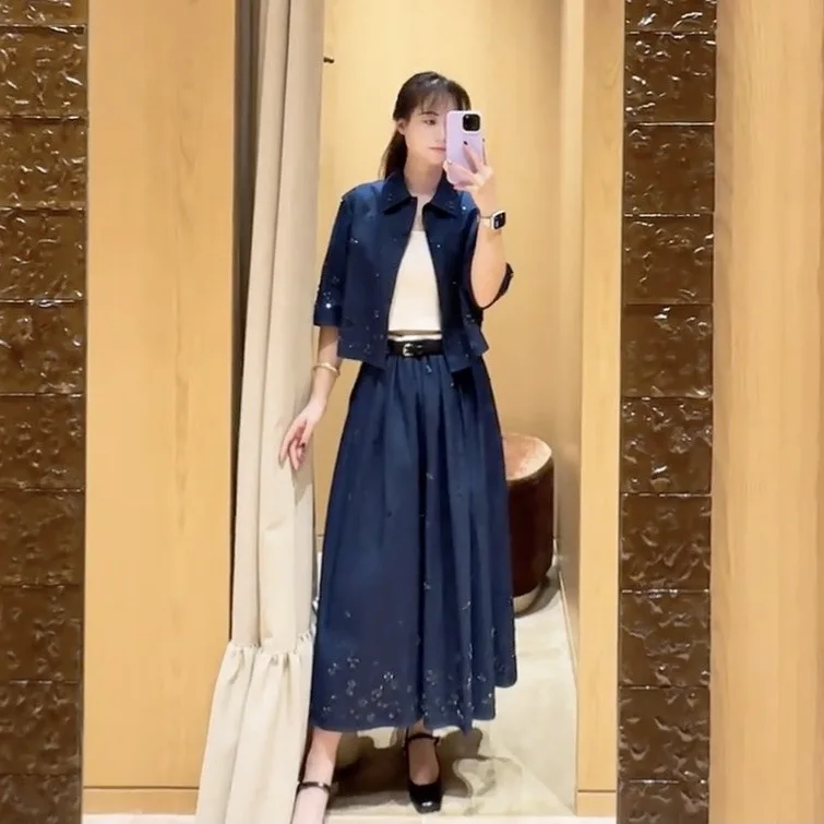 

Women Denim Rhinestone Embroidered Set Turn-down Collar Shirt + Sleeveless Dress + High Waist Midi Skirt+Spring Mini Skirt