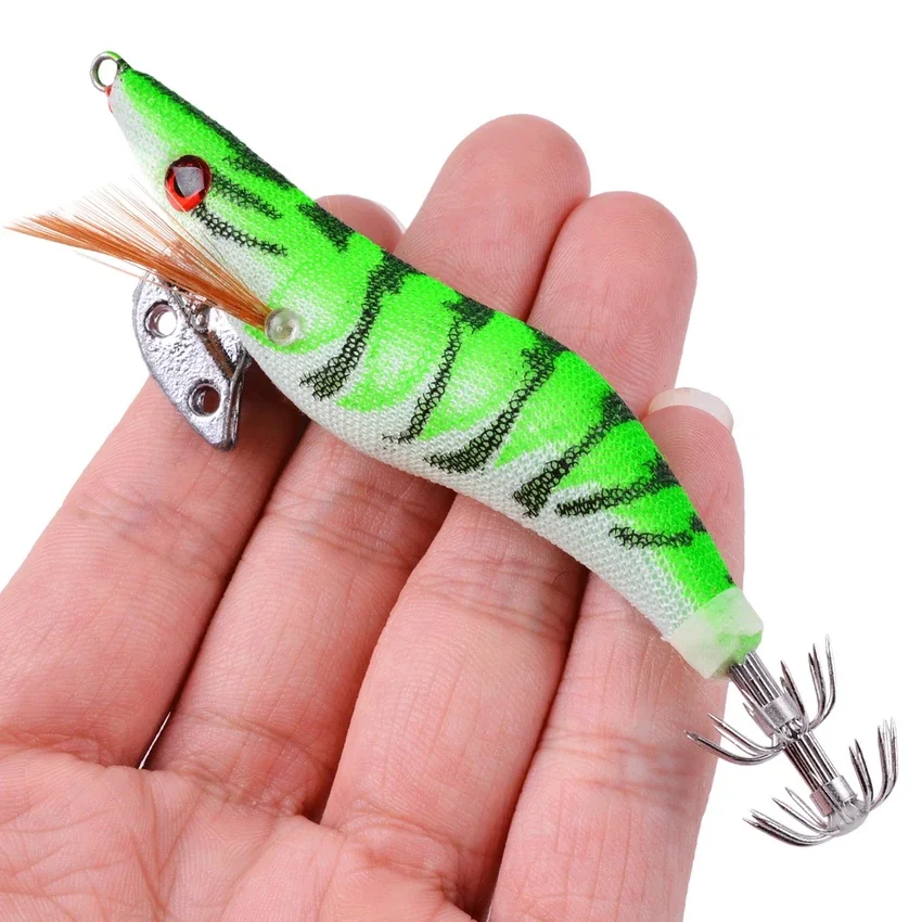 5pcs Luminous Squid Jig Fishing Wood Shrimp Lure Squid Cuttlefish Jigs Lures Spinnerbait Wood Shrimp with 2.5#-3.0# Hook