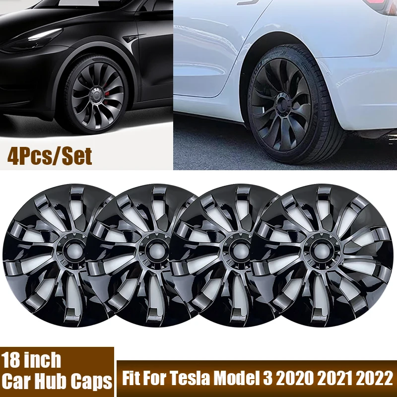 For Tesla Model 3 2020-2022 Car Hub Caps 4Pcs 18inch Automobile Wheel Covers Direct Replacement Car Accessories Protect Wheels